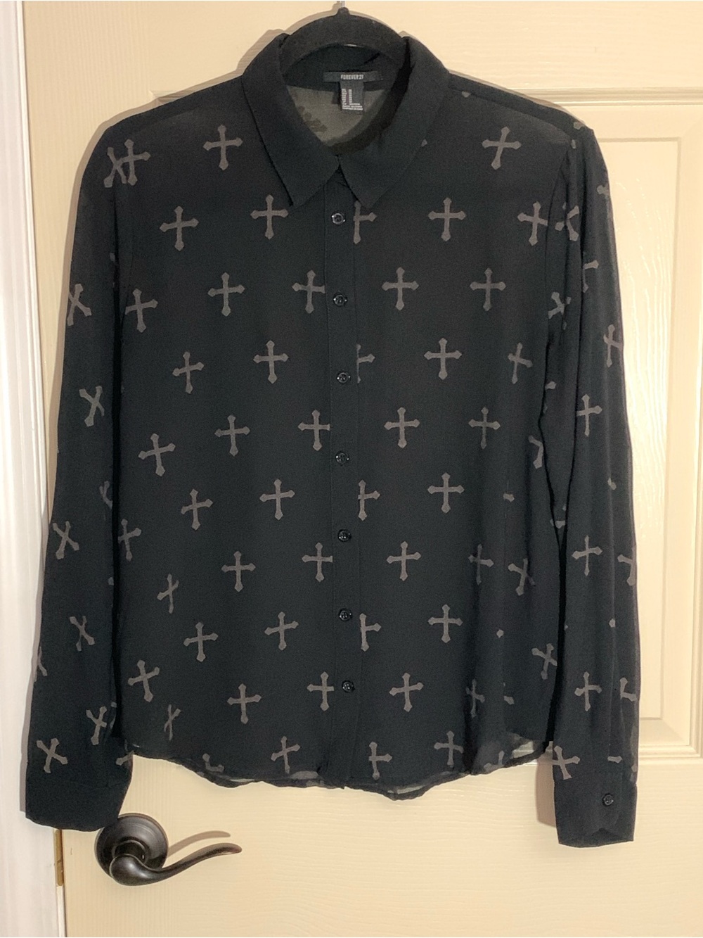 Forever 21 Black Sheer Button-Down Shirt with Gray Cross Print